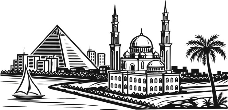 Cairo, Egypt Skyline Engraving Sketch Vector Illustration