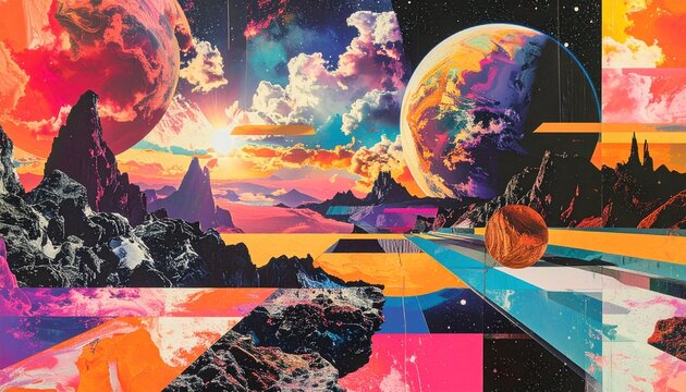 レトロポップでサイケデリックな宇宙のコラージュアート。カラフルな惑星と幻想的な山脈が融合したビビッドなSF風景背景素材。