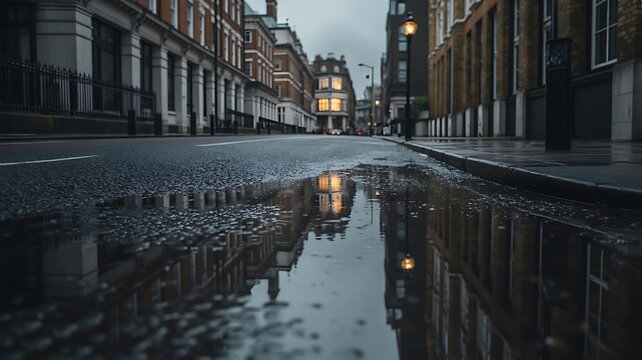 Cinematic moody urban street scene with reflections in a puddle on wet pavement after rain