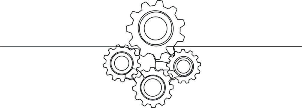 Interlocking gear line drawing, mechanical system outline, teamwork and collaboration symbol, engineering process vector illustration design