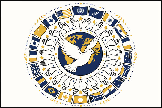 Dove with outstretched wings surrounded by world flags and hands Vector