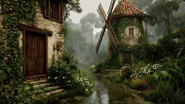 Overgrown Historic European windmill once used for grinding flour, at overcast weather, its stone walls embraced by climbing ivy, surrounded by a creek, lush greenery, tranquil and rural atmosphere