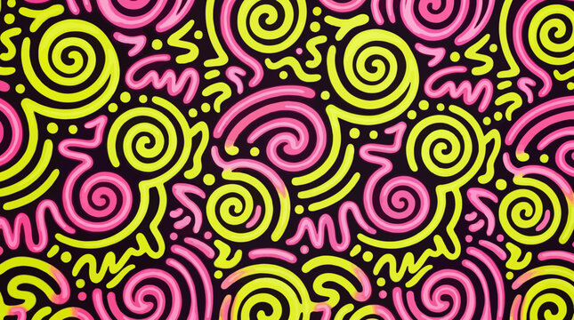 Yellow pink neon graphic seamless pattern with abstract swirls, squiggles and dots
