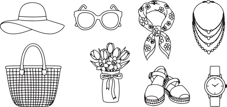 Hand drawn vector collection of women handbags and purses outline icons Vector