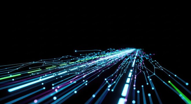 A detailed close-up shot showing glowing digital light particles and lines flowing through a dark space, representing high speed data fiber, broadband, electronic, speed