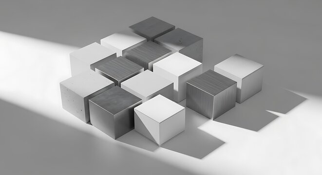 Group of small gray and white cubes arranged in a neat pattern with strong light and deep shadows cast. 12 square boxes