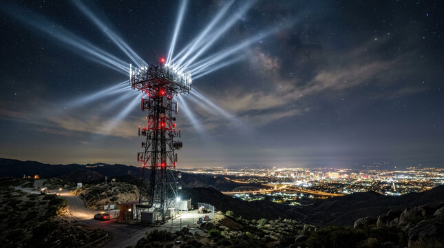 Communication tower at night with city light and star sky