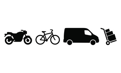 Naklejka premium Collection of transportation icons including motorcycle, bicycle, van, and hand truck on white.