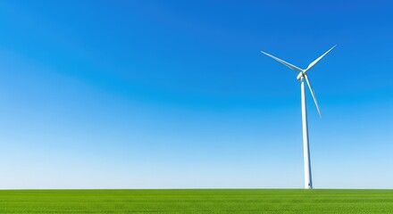 Fototapeta premium A majestic wind turbine rises above a lush green meadow, harvesting renewable energy beneath a vast, cloudless blue sky on a bright day, hillside, green energy, electricity
