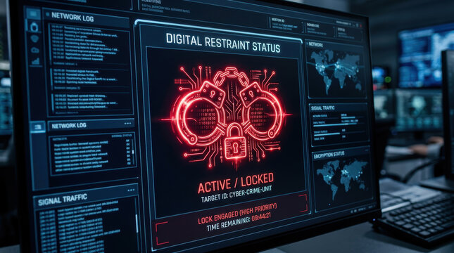 Digital handcuff icon in cyber security control screen with glowing lock, network interface, digital restraint status, cyber crime concept, dark room