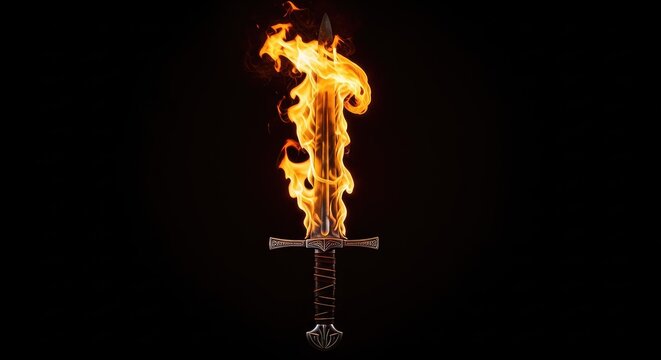 A majestic medieval broadsword stands vertically as intense orange and yellow flames dance along the steel blade against a dark backdrop, energy, strength, power