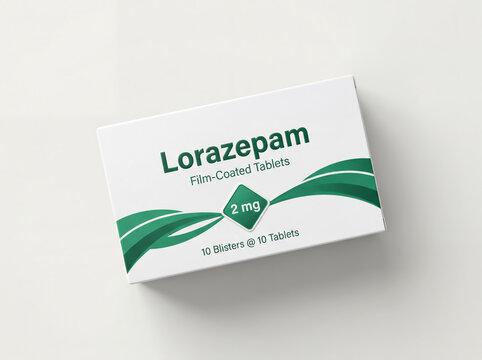 Box of Lorazepam 2mg film-coated tablets for medical use