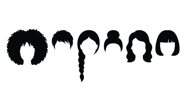 Variety of female hairstyles in silhouette, including afro, braid, bun, and bob cuts.