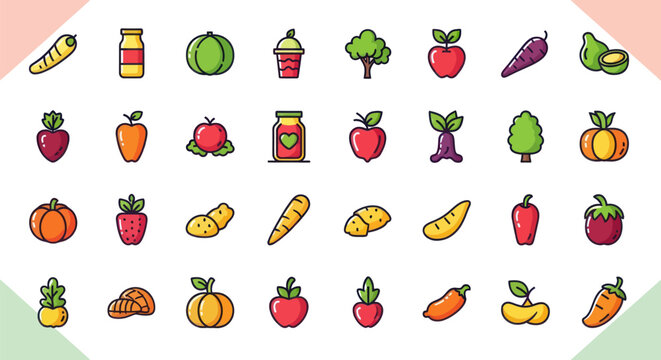 Colorful vector illustrations of fruits and vegetables