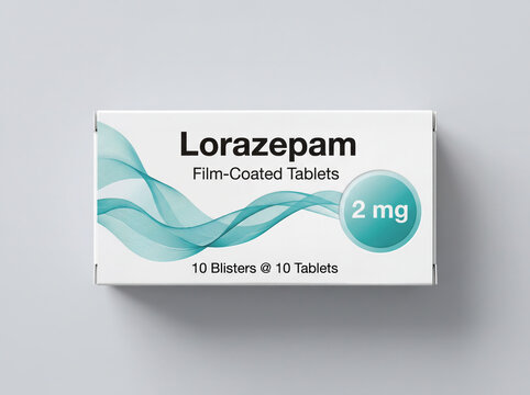 Box of Lorazepam 2mg film-coated tablets for medical use