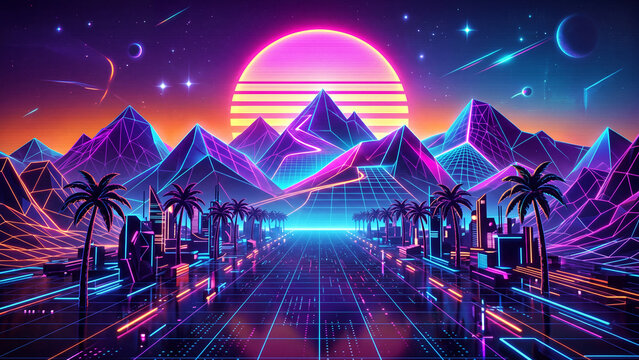 Retro 80s Synthwave Landscape with Neon Mountains and Palm Trees at Sunset