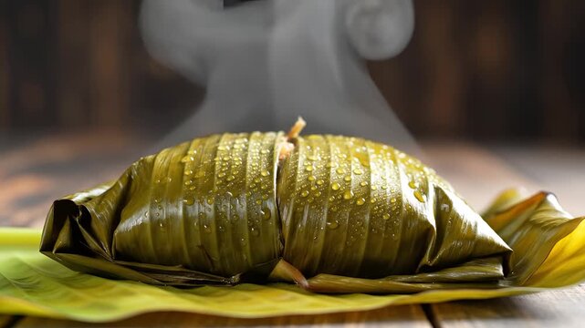 Steaming Tamale Wrapped in Banana Leaf on Wooden Table.