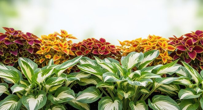 A vibrant landscape showcasing textured hostas and colorful coleus plants with variegated leaves, creating a lush and tranquil garden scene, dense, green, horticulture
