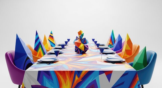 Abstract modern depiction of a ceremonial banquet scene featuring stylized geometric forms arranged at a long table with vibrant patterns, theology, composition, circles