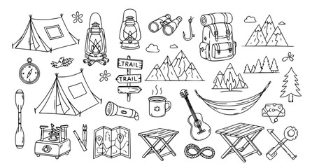 Cute camping doodle icons with outdoor adventure hiking gear and hand drawn travel symbols vector set © RUBINA