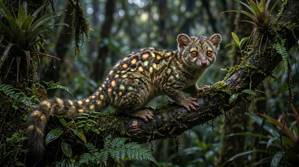 Fototapeta premium Spotted Cuscus Possum Resting on Mossy Tree Branch in Tropical Rainforest