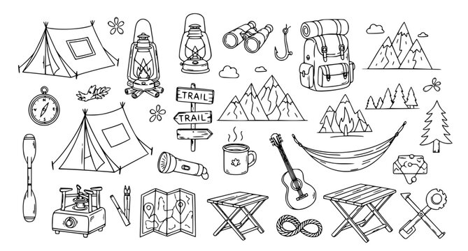 Cute camping doodle icons with outdoor adventure hiking gear and hand drawn travel symbols vector set