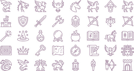 Medieval fantasy icons, 40 purple line art symbols, royal crests, magic weapons, heraldry, flat design, vector illustrations © Nusrath