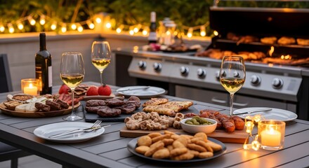 Fototapeta premium Barbecue dinner with wine and appetizers