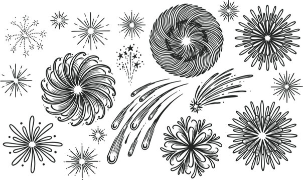 Black and white fireworks explosion illustration set Vector