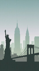 Fototapeta premium misty new york skyline poster with statue of liberty and bridge