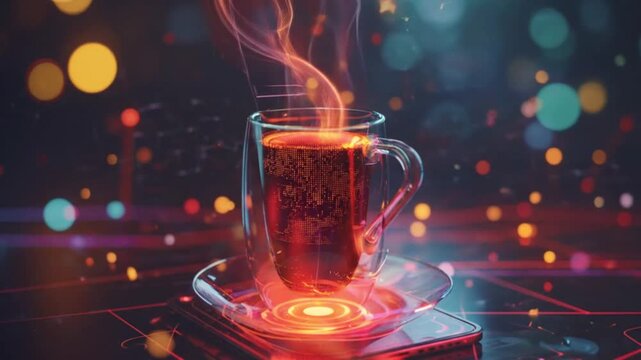 Steaming Hot Beverage in a Glass Cup with Glowing Digital Futuristic Background