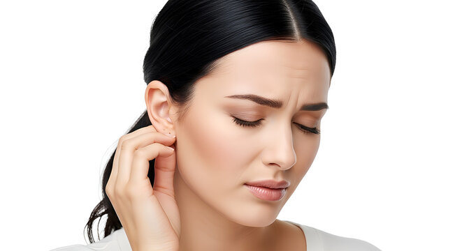 An afflicted young woman holds her ear, her face contorted in an expression of discomfort and pain, highlighting an acute earache or irritation