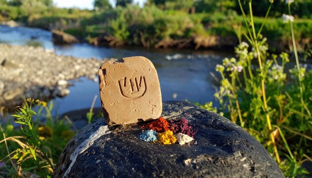 Ancient hardened clay tablet with impressed pattern rests near colorful pigments by a flowing river in natural landscape