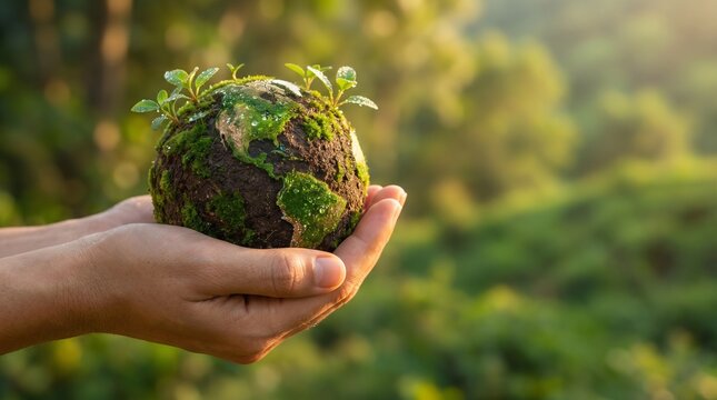 Hands cradle a vibrant green earth, symbolizing environmental protection and a sustainable future