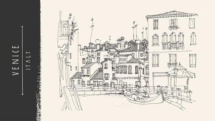 Venice Italy travel sketch. Romantic city drawing. Gondola boat, canal, historic Italian architecture. Handdrawn vector line illustration. Vintage Venezia Italia postcard old town artwork cityscape bg © babayuka