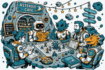 Funny futuristic asteroid cafe with aliens and robots enjoying food and drinks Vector © mr