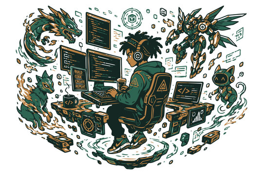 Gamer hacker sitting at a futuristic tech workspace with digital pets Vector