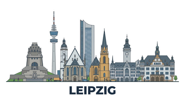 Leipzig Germany Skyline Panorama with Iconic Landmarks Cityscape Architectural Vector Illustration featuring Historical Monuments and Modern Urban Skyline Profile Silhouette
