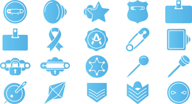 Badge and pin icons featuring various shapes, designs, and fastening mechanisms.