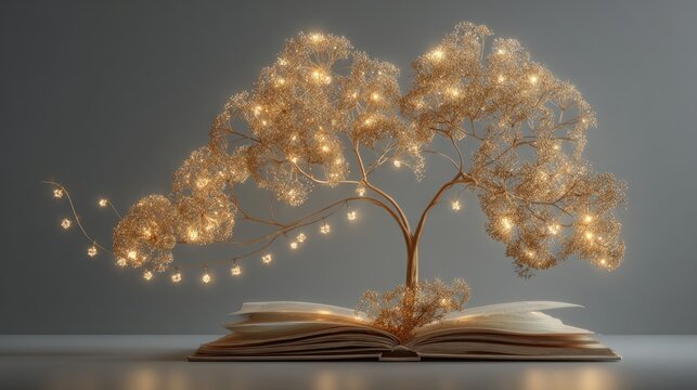 Abstract concept of knowledge growth: a glowing tree of ideas rising from an open book