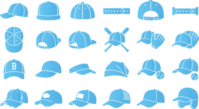 Baseball cap icon collection showing various hat styles sports headwear and cap accessories.