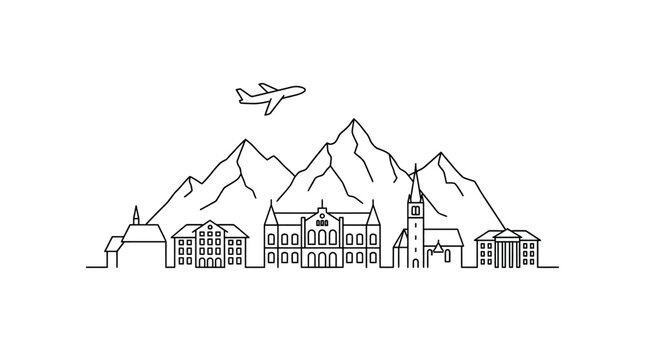 Minimalist Vector Illustration of Glarus Cityscape Nestled Within the Majestic Swiss Alps Mountain Range Featuring a Small Airplane Flying Across a Clean Blue Sky During Golden Hour Sunset