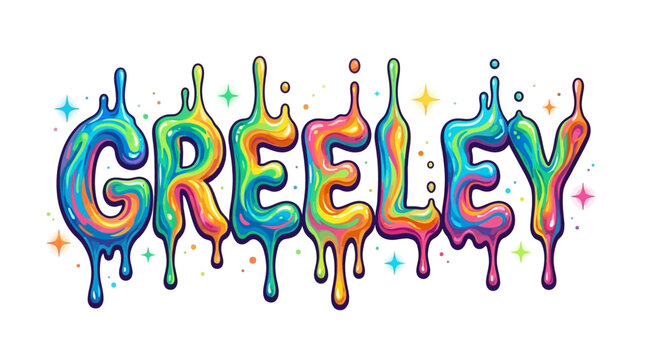 Artistic Greeley Typography Featuring Vibrant Multi-Colored Liquid Paint Drips and Sparkling Stars on a Creative Contemporary Design Background for Modern Graphic Visual Projects
