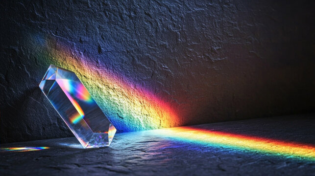 Crystal prism refracting colorful rainbow spectrum on dark stone wall background