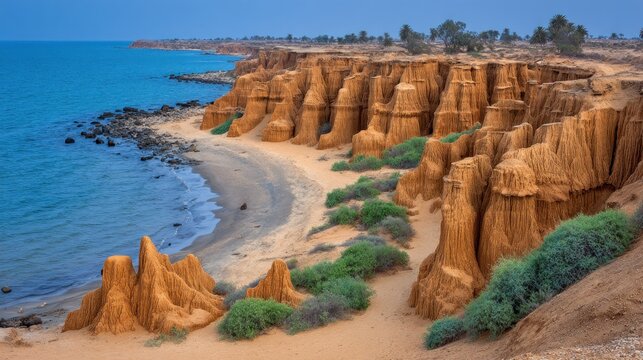 Coastal cliffs and blue ocean at dawn with golden rock formations