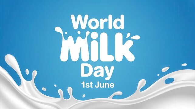 World Milk Day poster with 1st June text and milk splashes on blue background