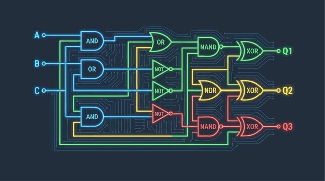 Digital logic gate circuit diagram including integrated electronic component parts and microchip processor modules on dark background tech vector illustration for engineering design