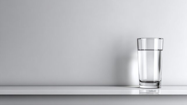 Minimal glass of water on a white table with soft diffuse lighting and subtle glow