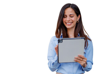 Naklejka premium Smiling professional woman using a digital tablet, interacting with technology and online content, transparent background