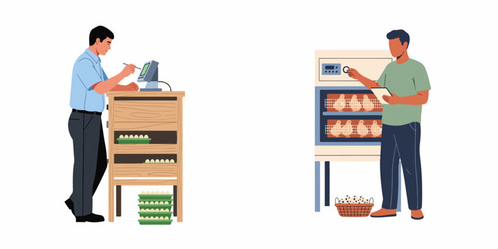 Farmers Using Modern Digital Technology to Manage Egg Incubation and Young Chicks in a Professional Hatchery Environment